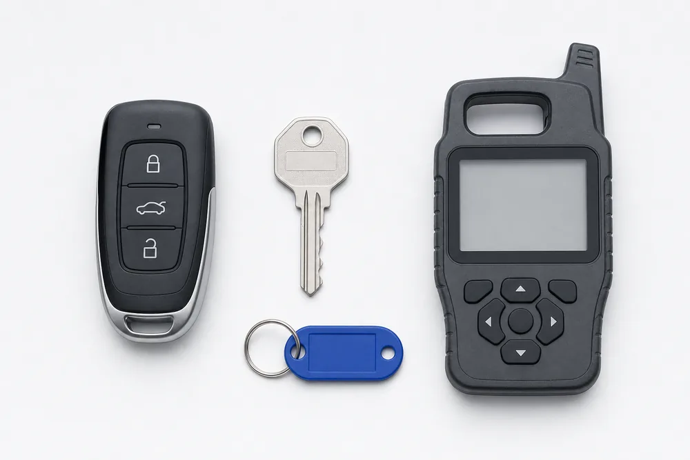 A smart key fob, a freshly cut house key, a blue key tag and a key programming tool laid out on a gray surface